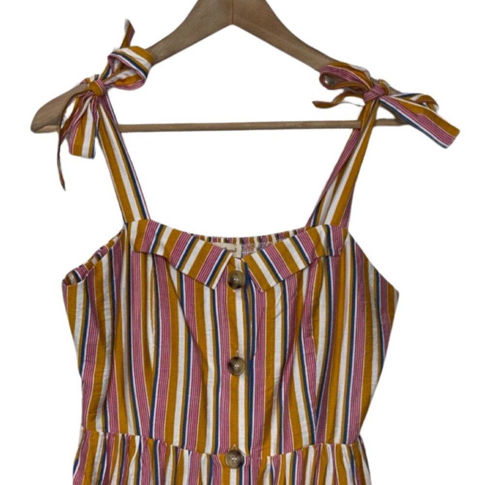 HEM & THREAD | Button Down Striped Tie Sleeve Midi Dress with Pockets | Size M - Picture 2 of 11
